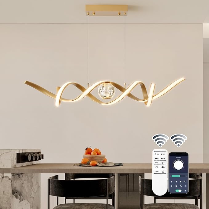 ORANOOR LED Modern Chandeliers for Dining Room, 39in Dimmable Gold Chandelier Kitchen Pendant Lighting Over Island, Linear Wave Spiral Pendant Light Fixtures Dining Room Lights Ceiling Hanging, 36W