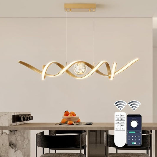 ORANOOR LED Modern Chandeliers for Dining Room, 39in Dimmable Gold Chandelier Kitchen Pendant Lighting Over Island, Linear Wave Spiral Pendant Light Fixtures Dining Room Lights Ceiling Hanging, 36W