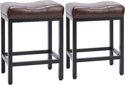 Sweetcrispy Bar Stools Set of 2, 24 Inch Counter Height Stools, PU Leather Upholstered Bar Chairs with Footrest, Modern Bar Stools for Kitchen Island, Dining, Living Room, Brown