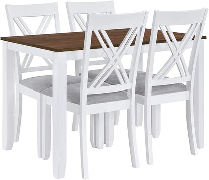 VilroCaz Minimalist Solid Wood 5-Piece Dining Table Set, Kitchen Dining Table Set for 4, Rectangular Table with 4 X-Back Upholstered Chairs for Dining Room Small Places (White-Min)