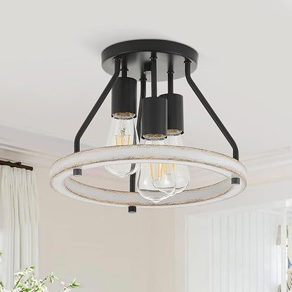 Rustic Flush Mount Ceiling Light Fixture with Oak White Wood Circle Shade Farmhouse Mini Semi Ceiling Lamps for Hallway Entryway Kitchen Closet 3-Light