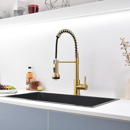 GIMILI Gold Kitchen Faucet with Pull Down Sprayer Single Hole Stainless Steel LED Faucet, Suitable for Farmhouses, RV, Laundry Room, Outdoor, and Campers. Llave para fregadero de cocina