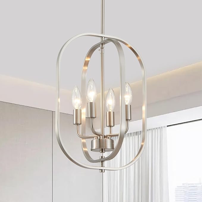 XINGQI 12.2" Modern Brushed Nickel Chandelier Farmhouse 4-Light for Dining Room Small Geometric Adjustable Rustic Pendant Lighting Fixture for Entryway Living Room Kitchen Foyer
