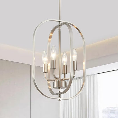 XINGQI 12.2" Modern Brushed Nickel Chandelier Farmhouse 4-Light for Dining Room Small Geometric Adjustable Rustic Pendant Lighting Fixture for Entryway Living Room Kitchen Foyer