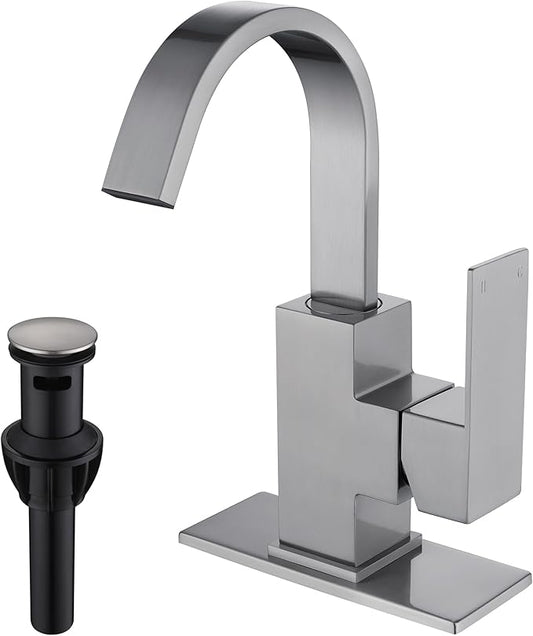 Brushed Nickel Bathroom Faucet with 360 Degree Swivel Spout Waterfall Faucet for Bathroom Vanity，Single Hole Bar Sink Faucet with Hose and 6 "Deck Plate,SL5004BN