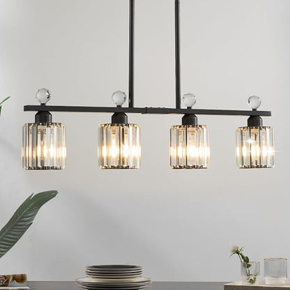 Modern Dining Room Light Fixture Over Table, Crystal Pendant Lights Kitchen Island, Chandeliers for Dining Room Kitchen Light Fixtures (E26) 4-Light Black
