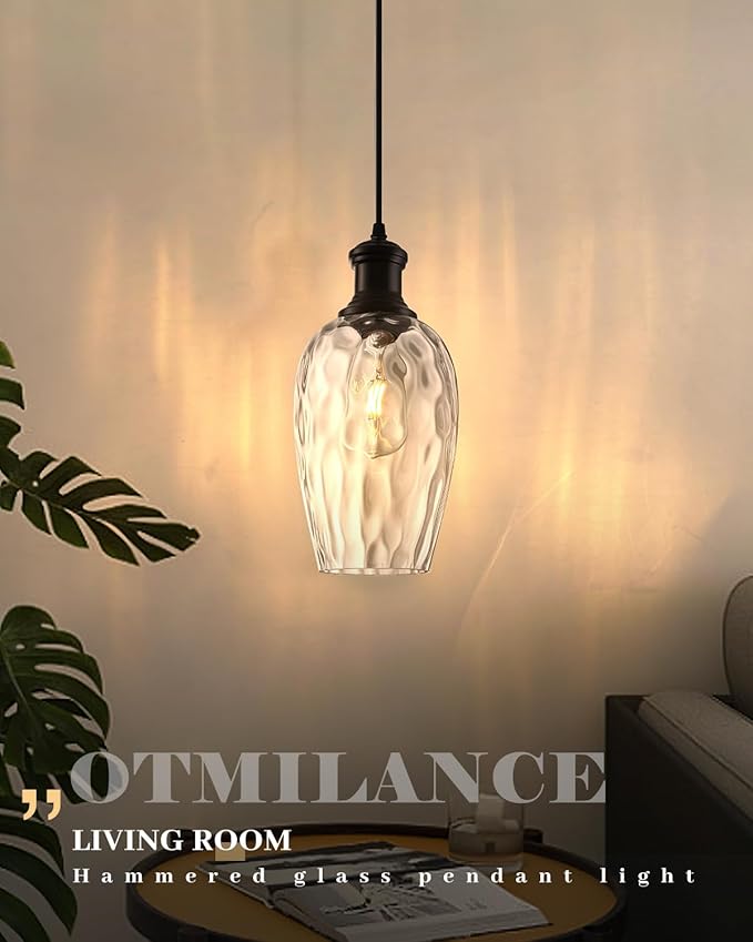Black Pendant Lights Kitchen Island, 6.3” Hammered Glass Pendant Lights, Hanging Industrial Clear Glass Pendant Light 2-Pack, Farmhouse Kitchen Pendant Light for Dining Room, Bathroom, Cafe