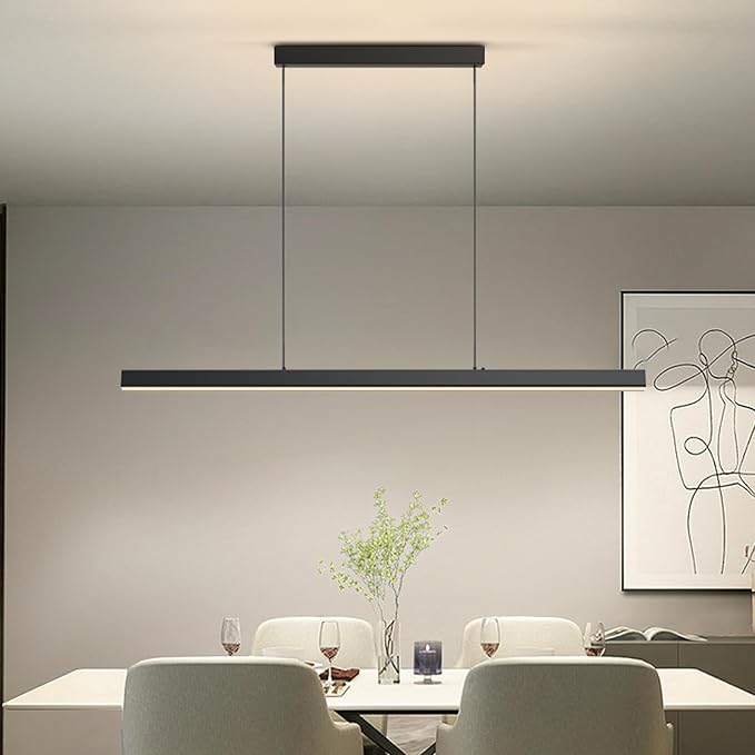 Modern Ceiling Pendant Lights,71in LED Black Linear Chandelier with Remote Control 3000k-6000K Adjustable Color Temperature,Island Lighting Hanging Light for Kitchen,Dining Room,Living Room