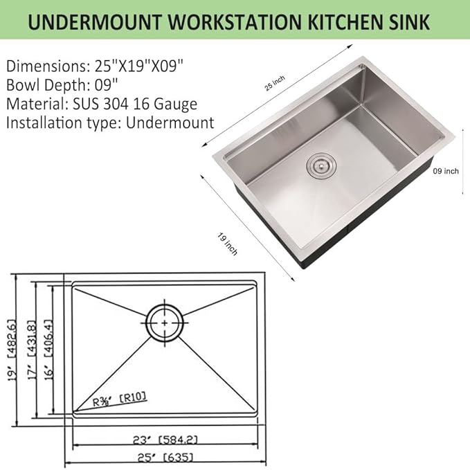 25 Undermount Kitchen Sink Workstation-Wesliv 25x19 Inch Stainless Steel Undermount Kitchen Sinks Workstation 16 Gauge Single Bowl Deep Sink with Cutting Board