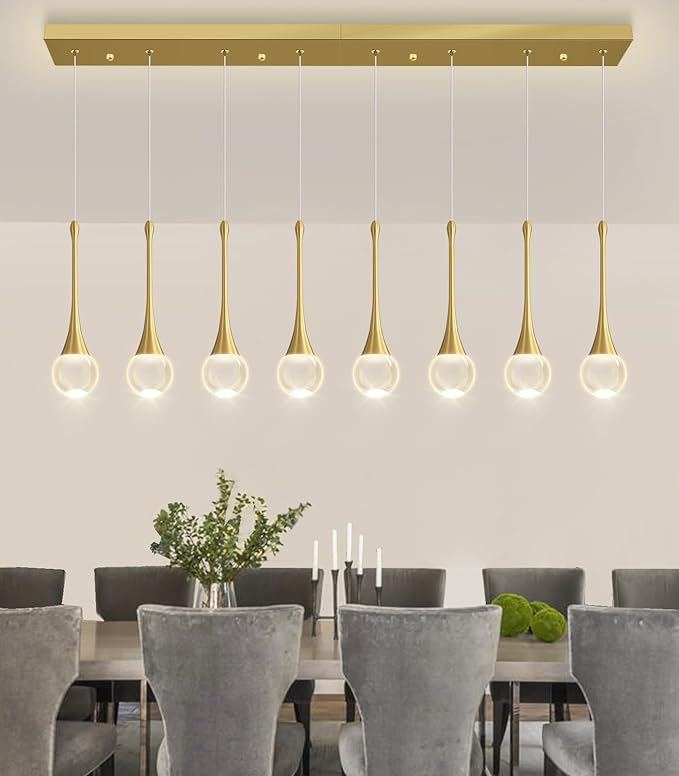 Rectangular Crystal Pendant Lights for Kitchen Island 8 Light Dimmable Crystal Chandelier Lighting Fixtures with Remote for Dining Room Living Room Gold