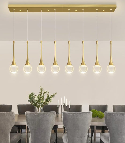 Rectangular Crystal Pendant Lights for Kitchen Island 8 Light Dimmable Crystal Chandelier Lighting Fixtures with Remote for Dining Room Living Room Gold
