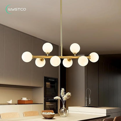 Mid Century Modern Globe Sputnik Chandelier, 8-Light Linear Chandeliers for Dining Room and Kitchen Island, Dining Light Fixture Over Table, Brass Gold and Milk White Glass Bubble, 32 Inch