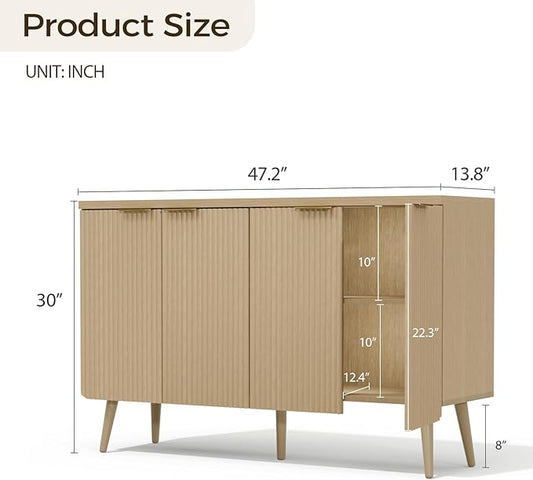 47.2" Modern Fluted Wood Sideboard – 4-Door Buffet Cabinet with Adjustable Shelves, Multi-Space Storage Credenza for Living Room, Dining Room & Entryway, Natual Oak
