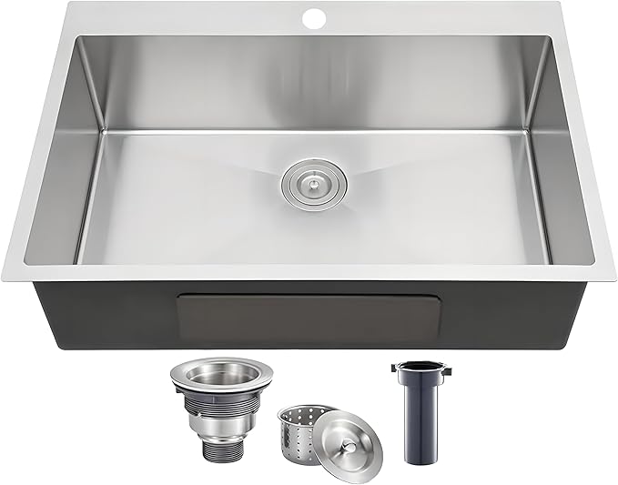 VCCUCINE 28x18 Inch Drop in Kitchen Sink 16 Gauge Top Mount Handmade T304 Brushed Nickel Kitchen Sink,Stainless Steel Single Bowl Workstation Topmount Overmount Sink with Strainer