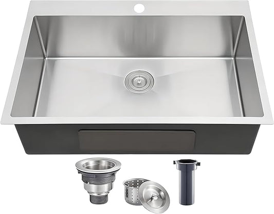 VCCUCINE 28x18 Inch Drop in Kitchen Sink 16 Gauge Top Mount Handmade T304 Brushed Nickel Kitchen Sink,Stainless Steel Single Bowl Workstation Topmount Overmount Sink with Strainer