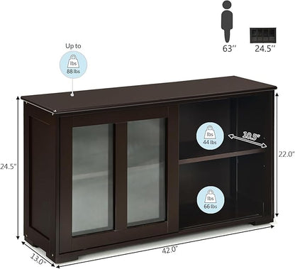 Sideboard Buffet Cabinet, Stackable Cupboard Storage Table with Adjustable Shelf & Glass Sliding Doors, Wooden Credenza Coffee Bar Cabinet for Kitchen/Dining Room/Living Room/Entryway (Coffee)