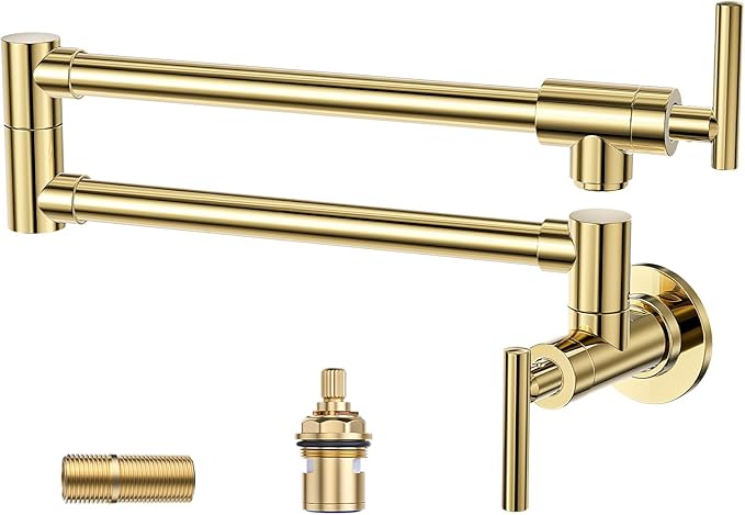 WOWOW Pot Filler Faucet Polished Brass, Kitchen Pot Filler Wall Mount Stove Faucet with Double Joint Swing Arms