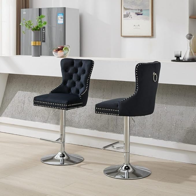 Set of 2 Thick Chrome Swivel Velvet Barstools,Adjustable 25-33" Height,with17.7 Base,Sponge&Spring Seat,for Home Pub&Kitchen Island(Blue) (Black + Velvet + Foam-1)