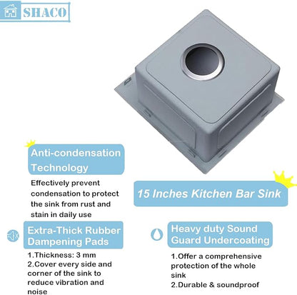 SHACO 15x15 Inch Drop In Bar Sink,15 Inch Stainless Steel Top mount Small Single Bowl Kitchen Bar Sink,16 Gauge Brushed Nickel Small Kitchen Prep Sink with Strainer Drain
