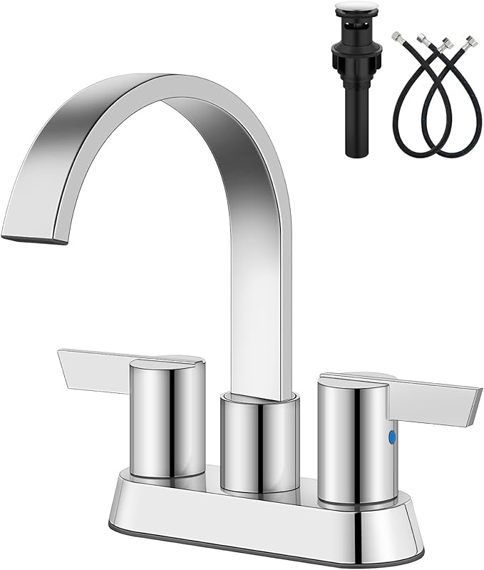 Aolemi Bathroom Faucets for Sink 3 Hole,4 Inch Centerset Waterfall Faucet 2 Handle for Bathroom Sink with Pop-Up Drain and Supply Lines Polish Chrome