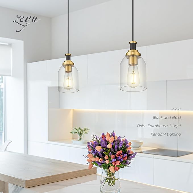 zeyu Modern Hanging Pendant Lights 2 Pack, Kitchen Pendant Lighting with Clear Glass Shade, Black and Gold Finish, ZG33M1L-2 BK+BG