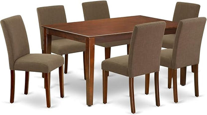 HomeStock 7 Piece Modern Dining Table Set Consist of a Rectangle Wooden Table and 6 Coffee Linen Fabric Upholstered Chairs, 36x60 Inch, Mahogany