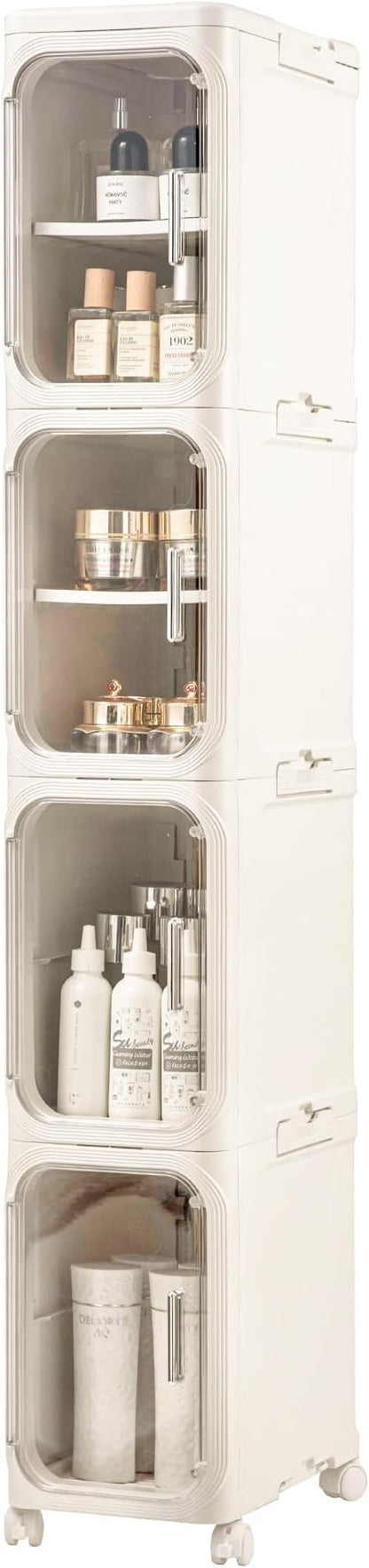 4-Tier Slim Tall Narrow Bathroom Storage Cabinet with Adjustable Shelves and Movable Wheels, Magnetic Doors, Plastic Storage Cabinets for Small Space, Cream White