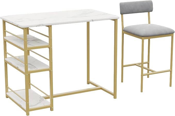 Takywep 3 Piece Dining Table Set for 2 with 3 Large Storage Shelves, Kitchen Table and Chairs for 2 with Pu Cushion Chairs & Thick Wood Top, Dining Table Set for Small Space, Apartment, Gold
