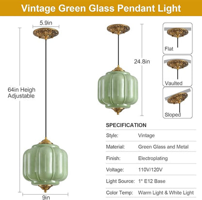 Green Glass Pendant Light, 9in Medium Schoolhouse Light Fixture, LED Bulb Included, Vintage Art Deco Chandelier for Kitchen Island Dining Room Bedroom Hallway, Green & Antique Gold 1 Pack