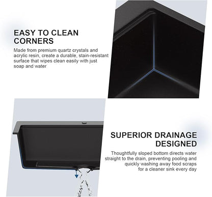 Mocoloo 33 Inch Drop in Workstation Kitchen Sink, 33x22 Matte Black Granite Composite Quartz Single Bowl Topmount Ledge Sink Above Counter