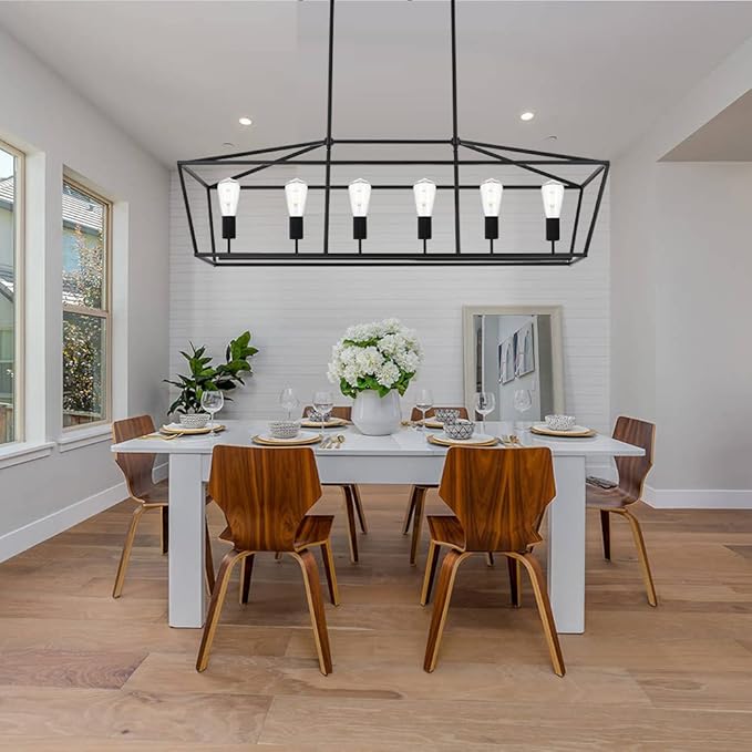 BONLICHT 6-Light Linear Farmhouse Chandelier in Matte Black Finish Industrial Kitchen Island Pendant Lighting Ceiling Hanging Lamp for Dining Room Stairway Living Room