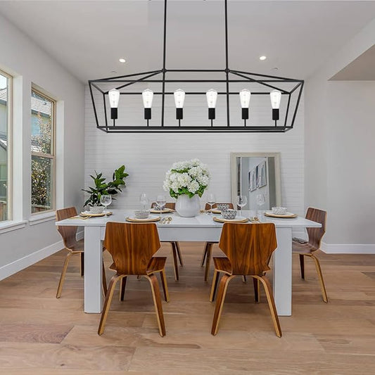 BONLICHT 6-Light Linear Farmhouse Chandelier in Matte Black Finish Industrial Kitchen Island Pendant Lighting Ceiling Hanging Lamp for Dining Room Stairway Living Room