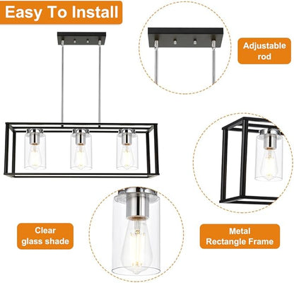 VINLUZ 3 Light Black and Chrome Finish Kitchen Island Light,Adjustable Hanging Pendant Lighting with Clear Glass Shades Rectangular Dining Room Chandeliers Adjustable Height