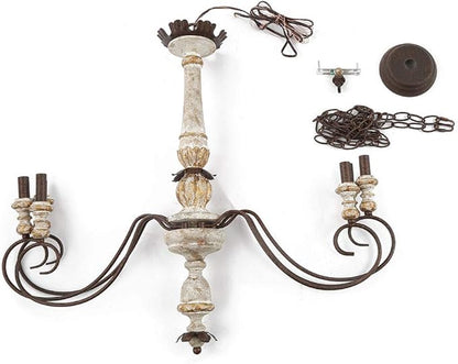 LALUZ Farmhouse Chandelier, French Country Lighting for Dining Room, 6-Light Shabby Chic Chandelier, Cloud Arms in Rusty Metal Finish, Distressed Wood, 31.1" L