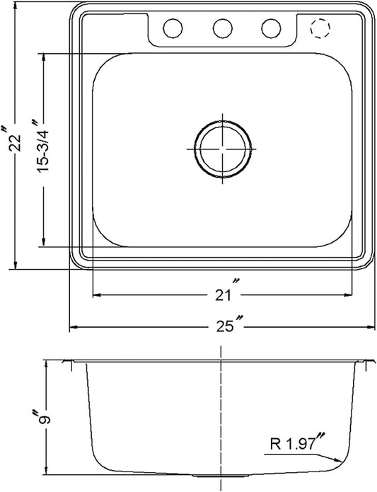 Houzer Glowtone Stainless Steel Kitchen Sink: 25 Inch Drop-in Topmount 3-Hole Single Bowl with Strainer, Durable & Versatile, Essential for Home & Apartment: 2522-9BS3-1