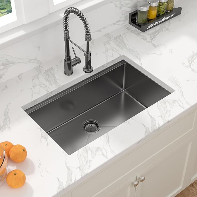 Sarlai 28 Black Stainless Kitchen Sink - 28 x18 Inch Undermount Kitchen Sink Workstation Gunmetal Black 16 Gauge Stainless Steel Single Bowl 10" Deep Under Counter Kitchen Sinks Basin
