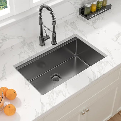 Sarlai 28 Black Stainless Kitchen Sink - 28 x18 Inch Undermount Kitchen Sink Workstation Gunmetal Black 16 Gauge Stainless Steel Single Bowl 10" Deep Under Counter Kitchen Sinks Basin