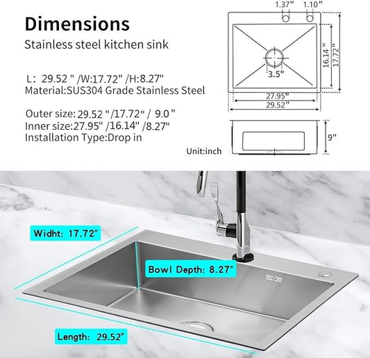 30 inch Kitchen Sink Drop in Stainless Steel Top Mount Sink with Brushed Finish, Single Bowl Workstation Sink with Basket Strainer and Kitchen Sink Caddy Organizer 29.5"D x17.7"W x 8.3"H