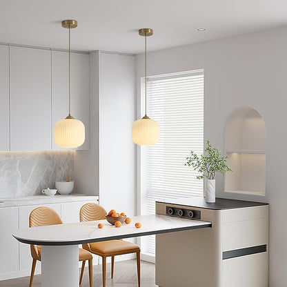 KCO Lighting Mid Century Modern Gold White Pendant Light Milk Glass Globe Pendant Lights Kitchen Island Antique Brass Pendant Light Vintage Hanging Light Fixture for Dining Room Living Room (2-Pack)