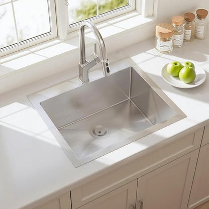 HOTIS 22x18 Inch Drop In Kitchen Sink, Stainless Steel Handmade Single Bowl Topmount Kitchen Sink, Brushed Nickel Prep Sink with Strainer