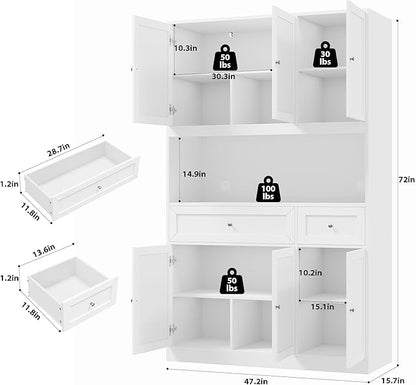 BOTLOG 2PCS Kitchen Cabinets, 71” Large Sideboard Buffet Cabinet with Storage, 72" Tall Pantry Cabinet with Microwave Stand, Wood Coffee Wine Bar Console Table for Kitchen, Dining Room, White