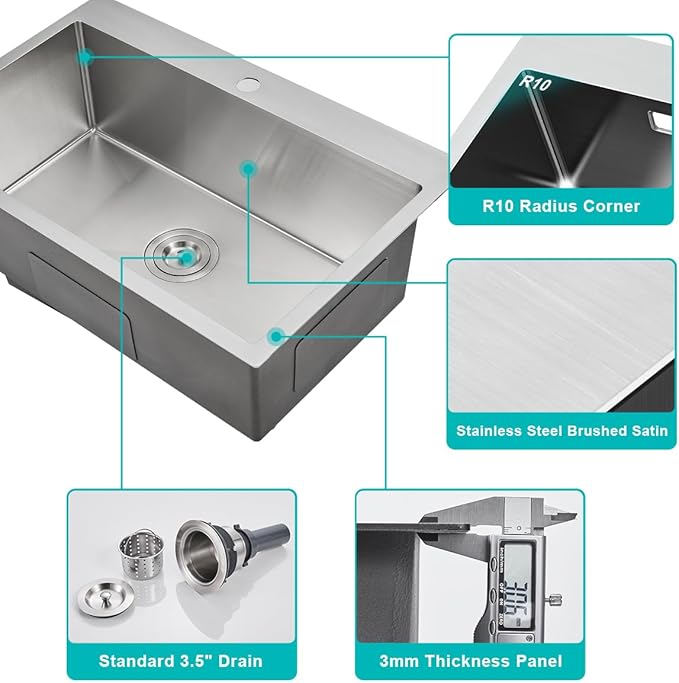 30 x 18 Inch Drop in Kitchen Sink, 18 Gauge 304 Stainless Steel Handmade Single Faucet Hole Single Bowl Topmount Kitchen Sink, Brushed