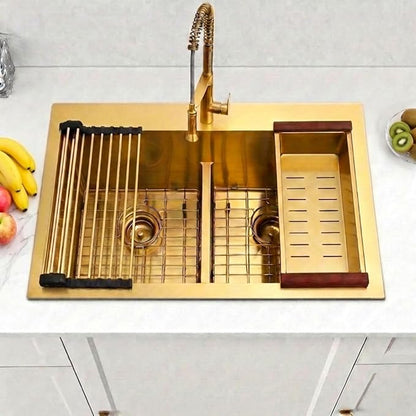 LQS Gold Kitchen Sink 33x22, 33 Inch Drop In Kitchen Sink Double Bowl, Handmade Deep & Large Stainless Steel Kitchen Sink with Low-Divider