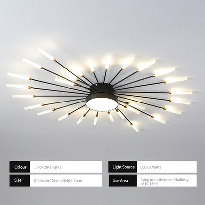 JAYMP 41.3" Ceiling Light Modern Flower Shape Ceiling Lamp for Living Room Dining Room Flush Mount Metal Acrylic Sputnik Firework Petal LED Lighting Fixture (Matte Black, 28+1 Lights)