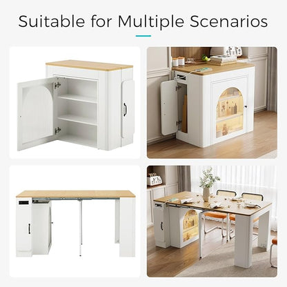 Mobile Extendable Dining Table with 3 Removable Middle Leaves and Power Outlets for 2-5 People, Kitchen Island with Storage Cabinet and Drawers, Kitchen Island Cart for Dining Room (White)