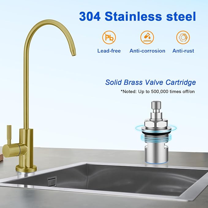 Drinking Water Faucet - Long Thread Stem Filtered Water Tap for Thick Countertop,Lead-Free RO Faucet with Hose and Quick Connect Fittings(Matte Gold-Flat Top)