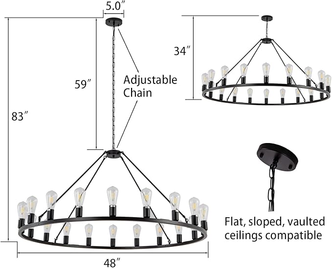 Lanhall 48” 20-Light Extra Large Wagon Wheel Chandelier, Round Black Rustic Farmhouse Chandelier Light Fixture for High Ceiling Living Room Dining Room Stairs Foyer- Adjustable Height Metal E26