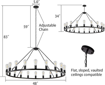 Lanhall 48” 20-Light Extra Large Wagon Wheel Chandelier, Round Black Rustic Farmhouse Chandelier Light Fixture for High Ceiling Living Room Dining Room Stairs Foyer- Adjustable Height Metal E26