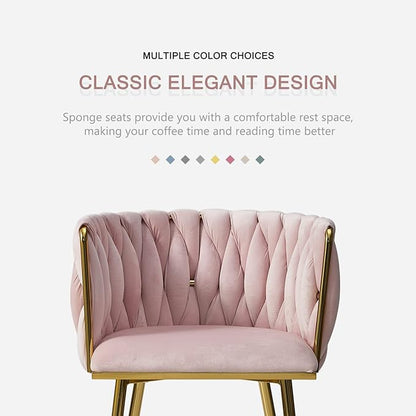 Nrizc Woven Dining Chairs Set of 4, Velvet Upholstered Dining Chairs with Gold Metal Legs, Modern Accent Chairs for Living Room, Dining Room, Kitchen (Pink)