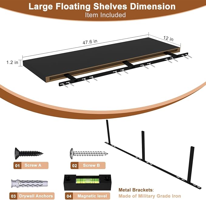 Large Floating Shelves for Wall 1 Pack Deep Floating Shelves No Drilling Accessories Included Deep Wall Shelves for Living Room Kitchen Farmhouse 48" W x 12" D x 1.2" H Black